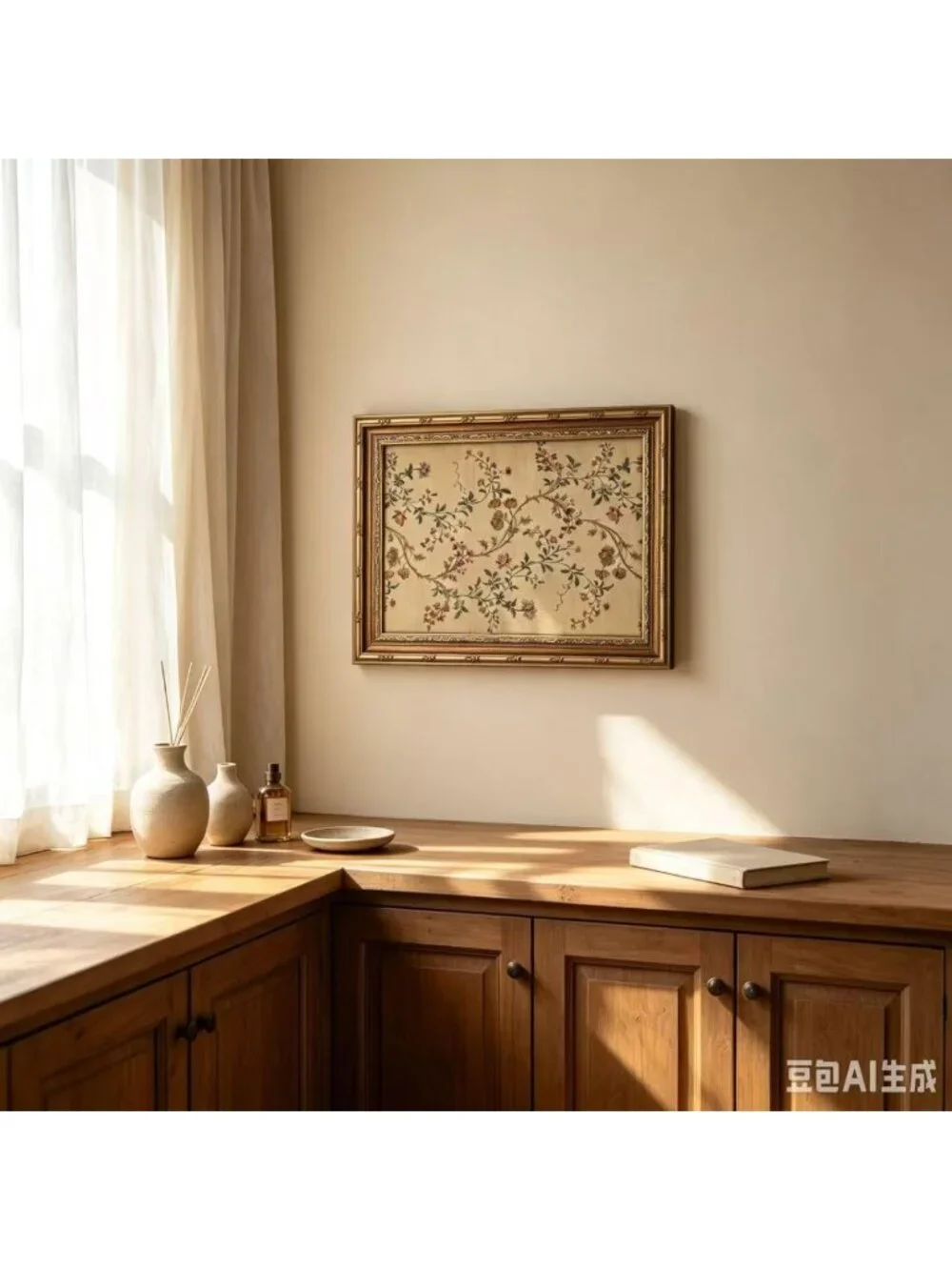 Vintage Floral Vine Wall Art - Elegant Beige Botanical Canvas Print 12x16in